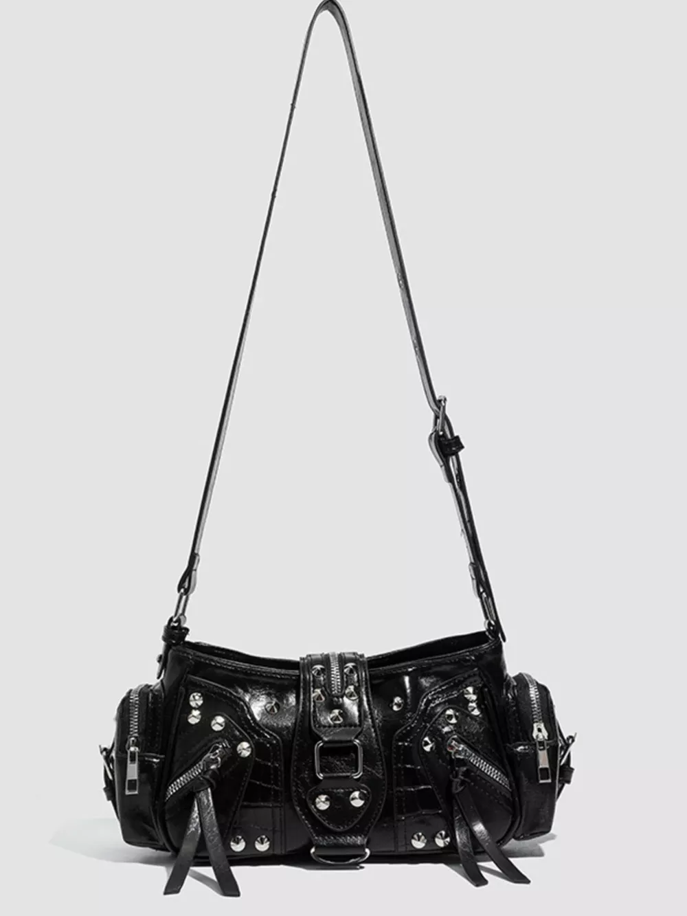 Y2K Style Rivet Embellished Patent Leather Shoulder Bag, image 9