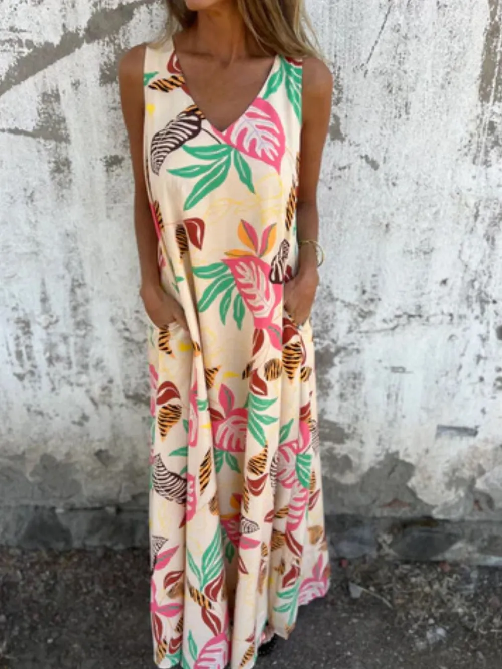 Full Size Printed V-Neck Sleeveless Dress Plus Size, image 3