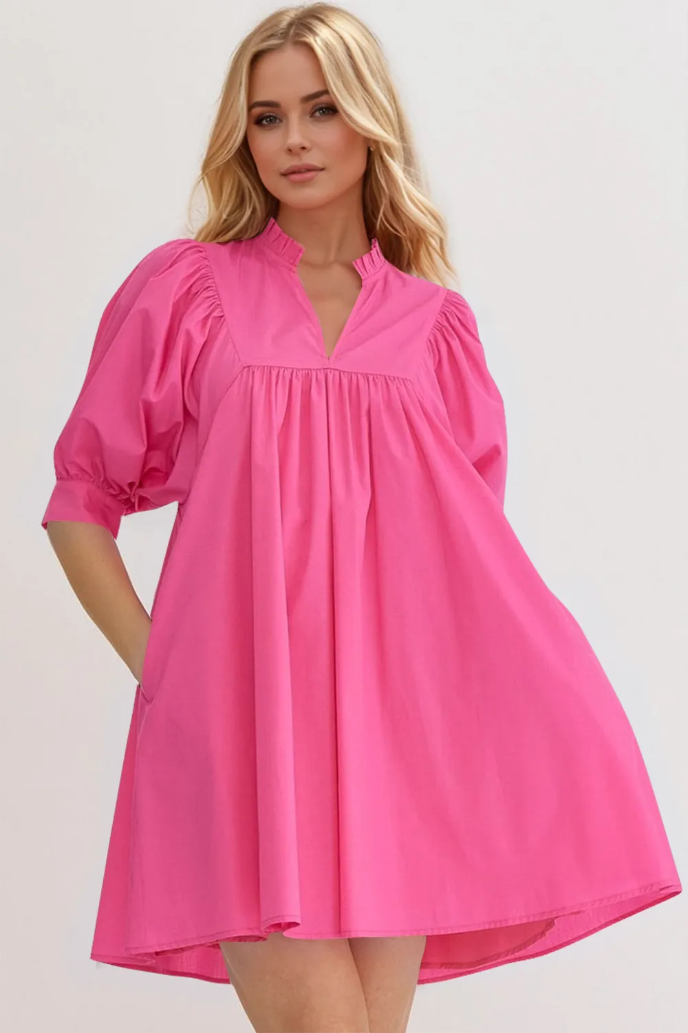 Frill Notched Puff Sleeve Babydoll Mini Dress
