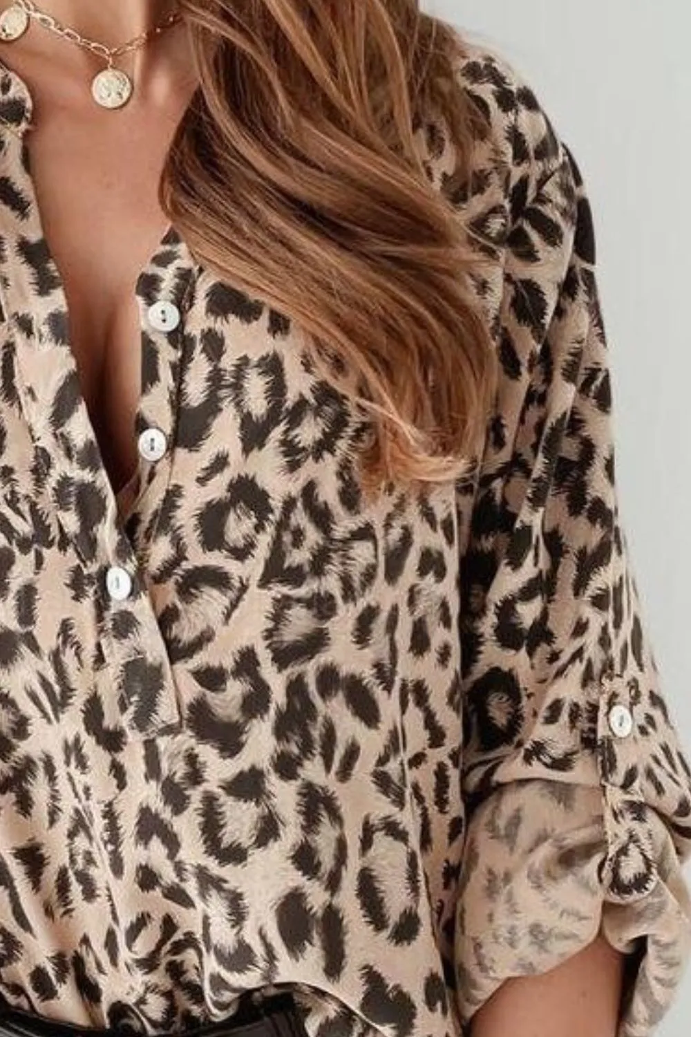 Leopard Button Detail Notched Long Sleeve Blouse, image 3