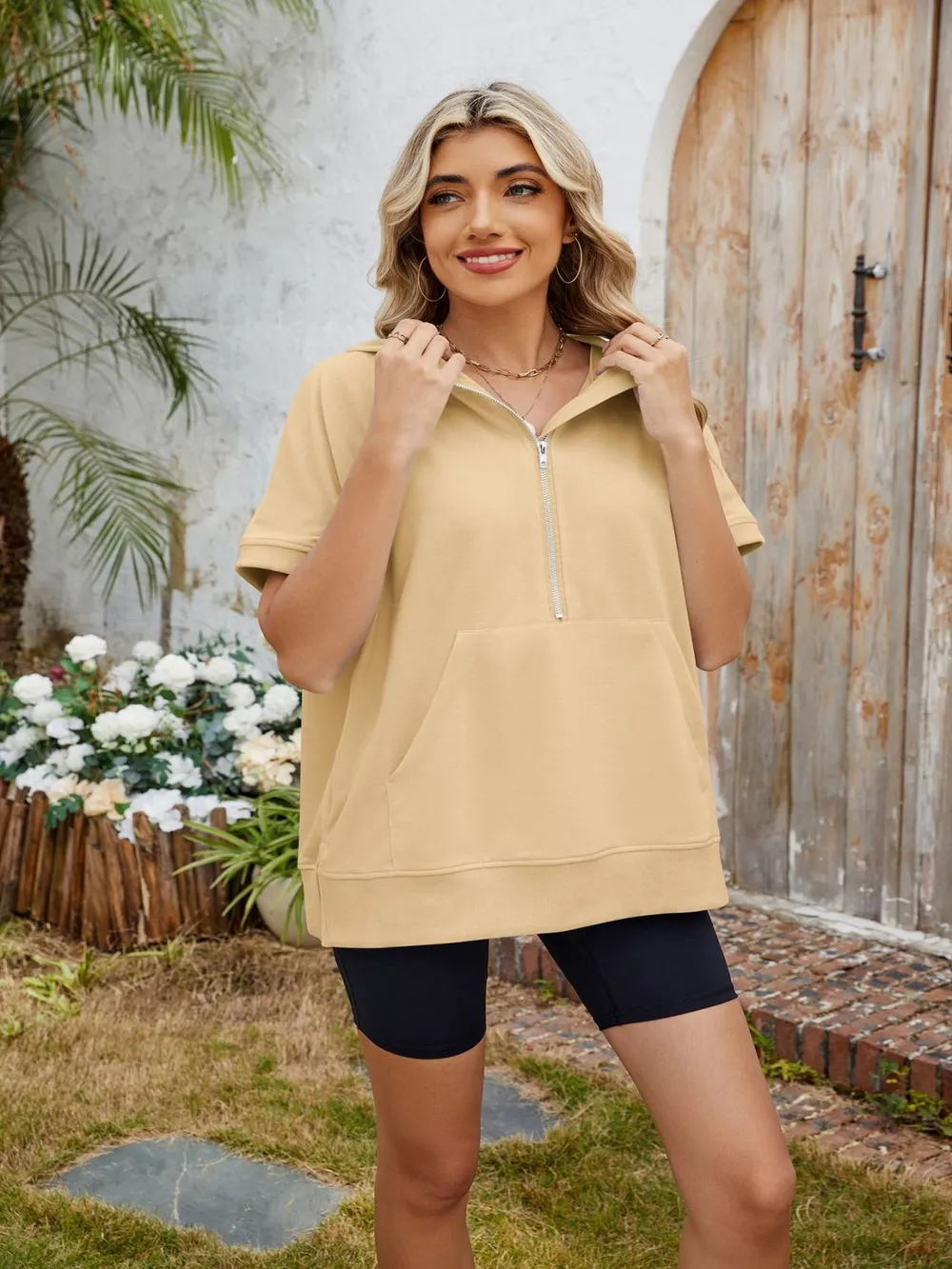 Half Zip Short Sleeve Hooded Top, image 9