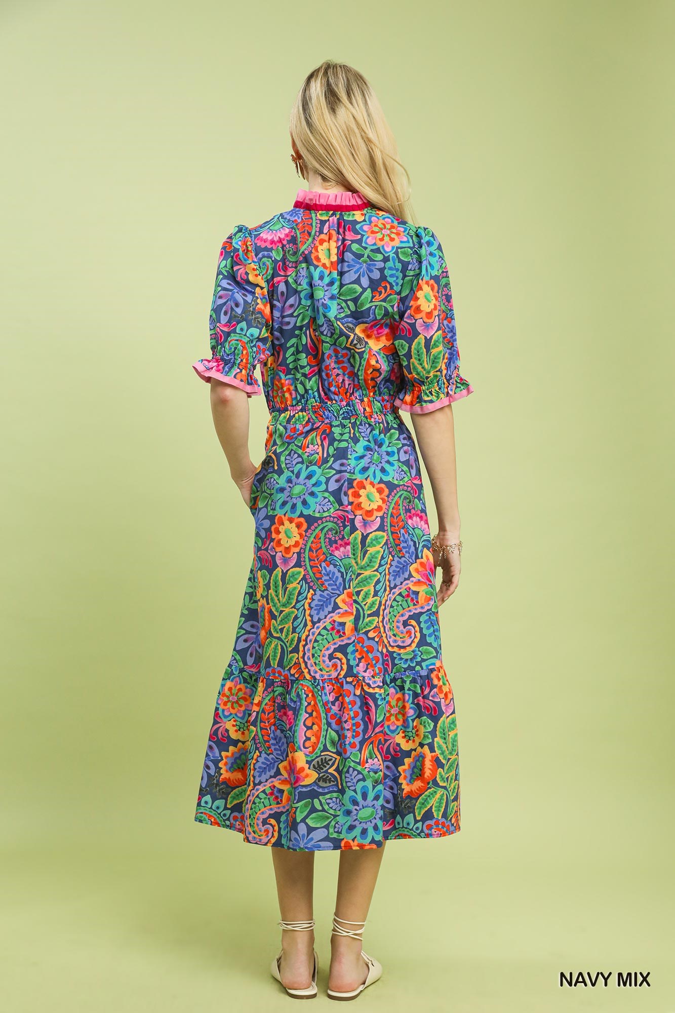 Mix Floral Midi Dress with Ruffle Trim, image 3