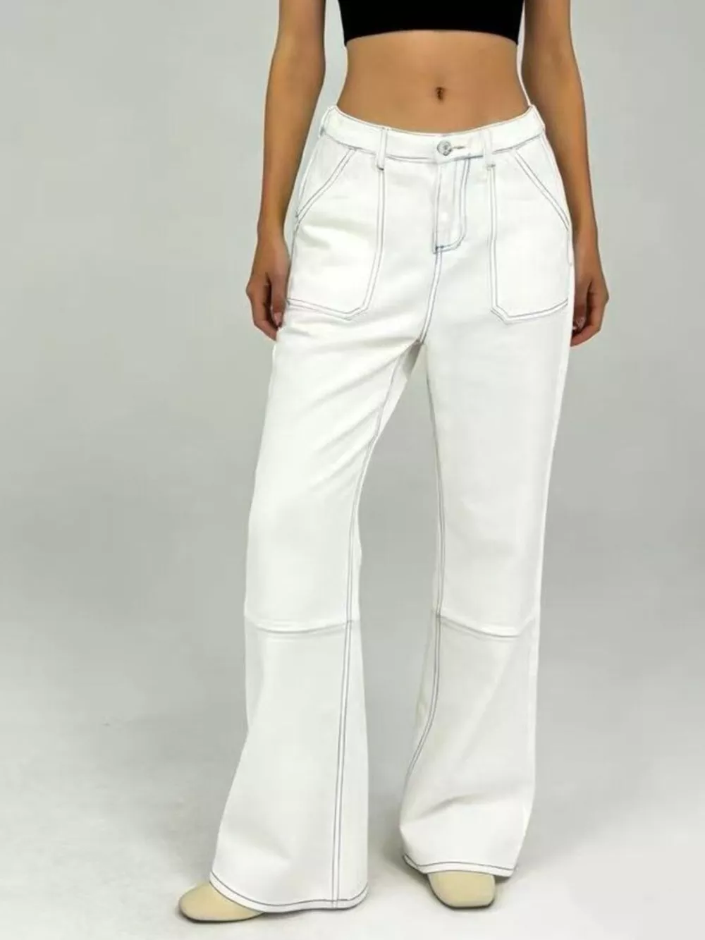 Wide Leg Contrast Stitching Jeans, image 3