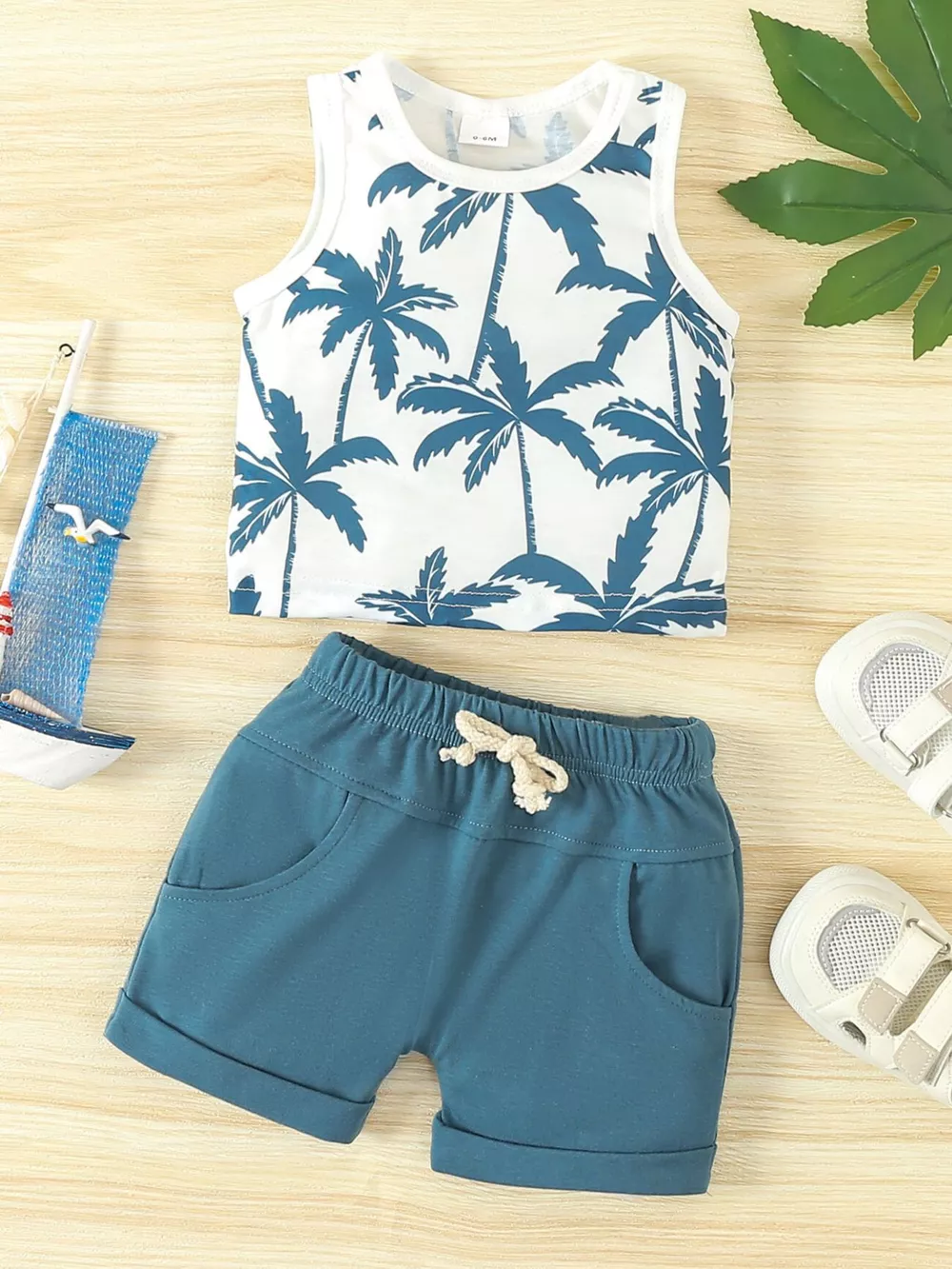 Children's Tropical Palm Print Tank Top & Shorts Set, image 2