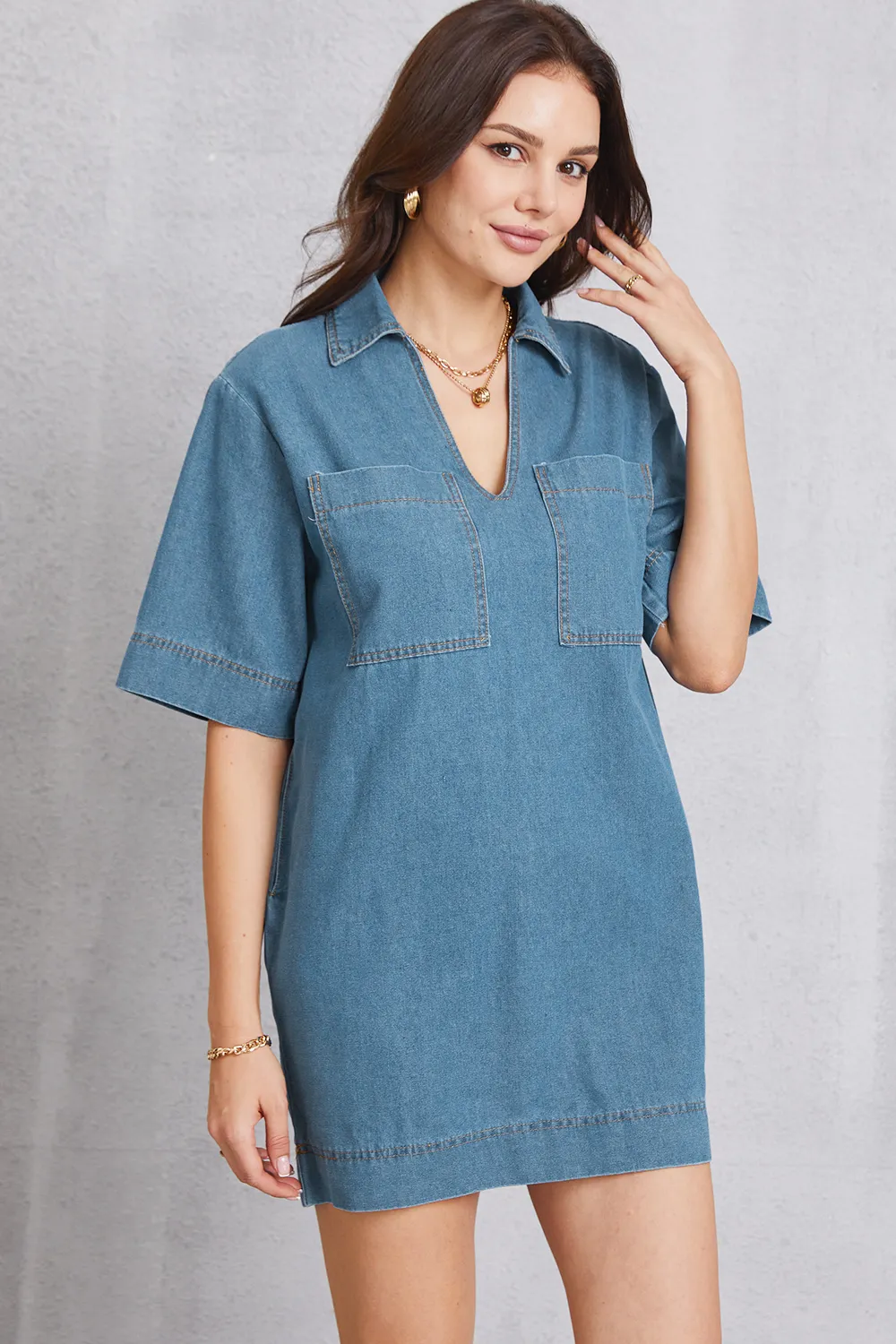 Pocketed Collared Neck Mini Denim Dress, image 3