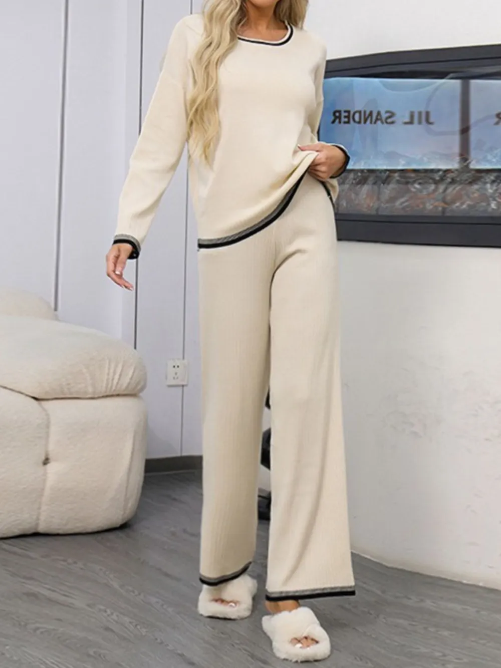 Contrast Trim Round Neck Top and Pants Sweater Set, image 6