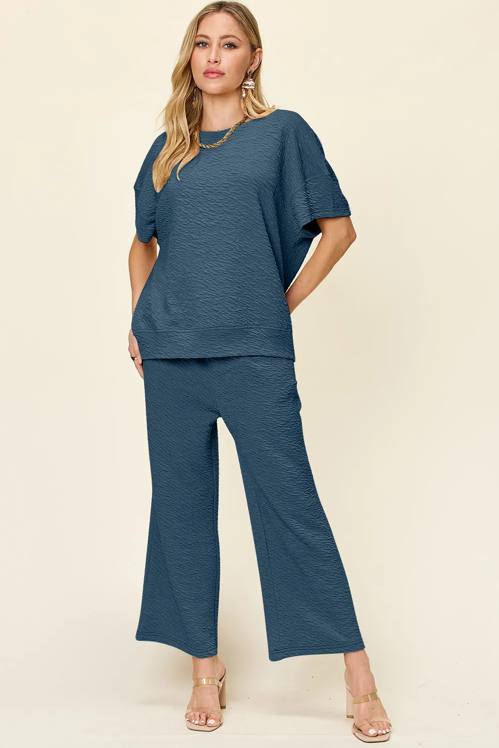 Full Size Texture Short Sleeve Top and Pants Set, image 4
