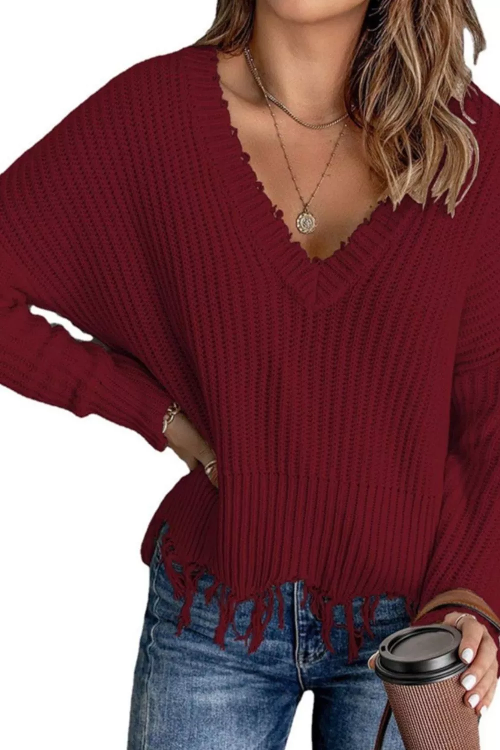 Full Size Raw Hem V-Neck Sweater Plus Size, image 11