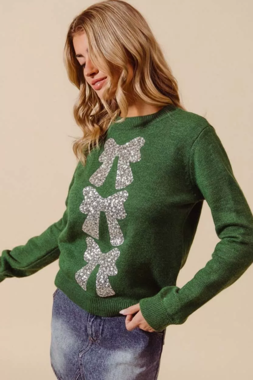 Sequins Bow Ribbon Embellished Christmas Sweater, image 2