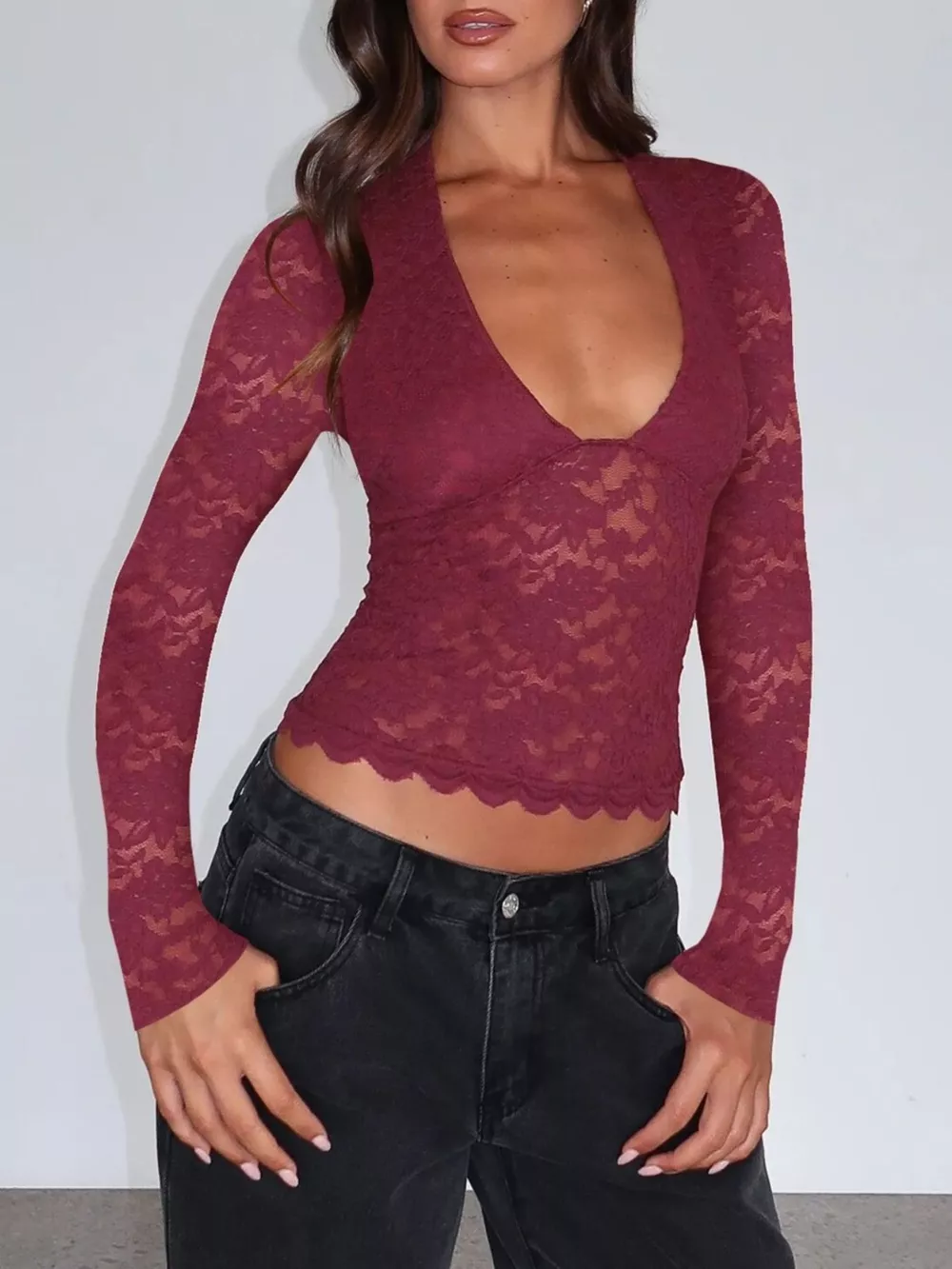 Sheer Lace Long Sleeve V-Neck Top, image 5