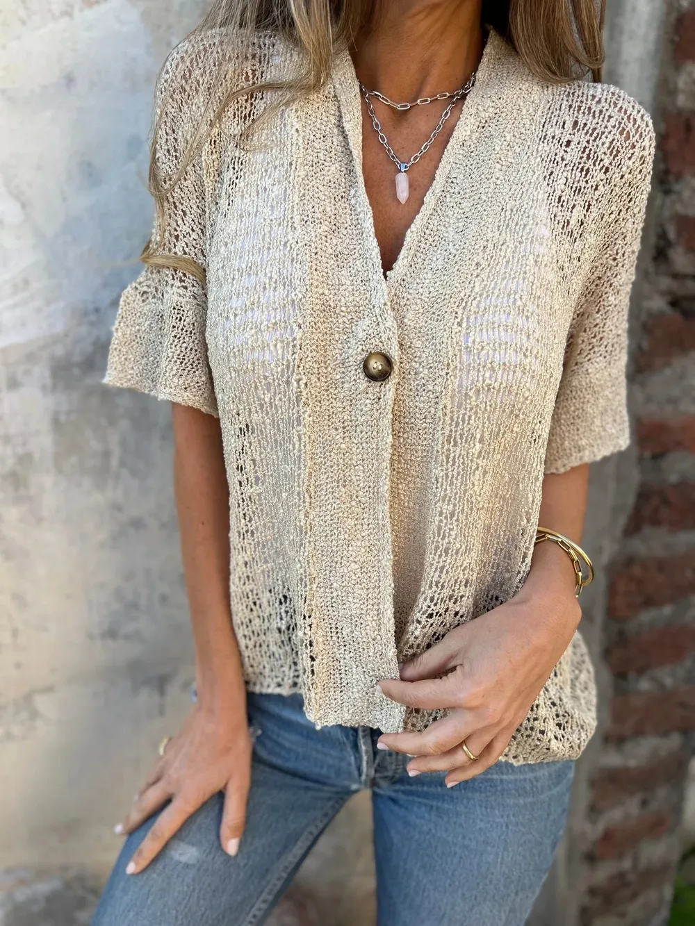 Full Size One Button Openwork Cardigan Plus Size, image 5