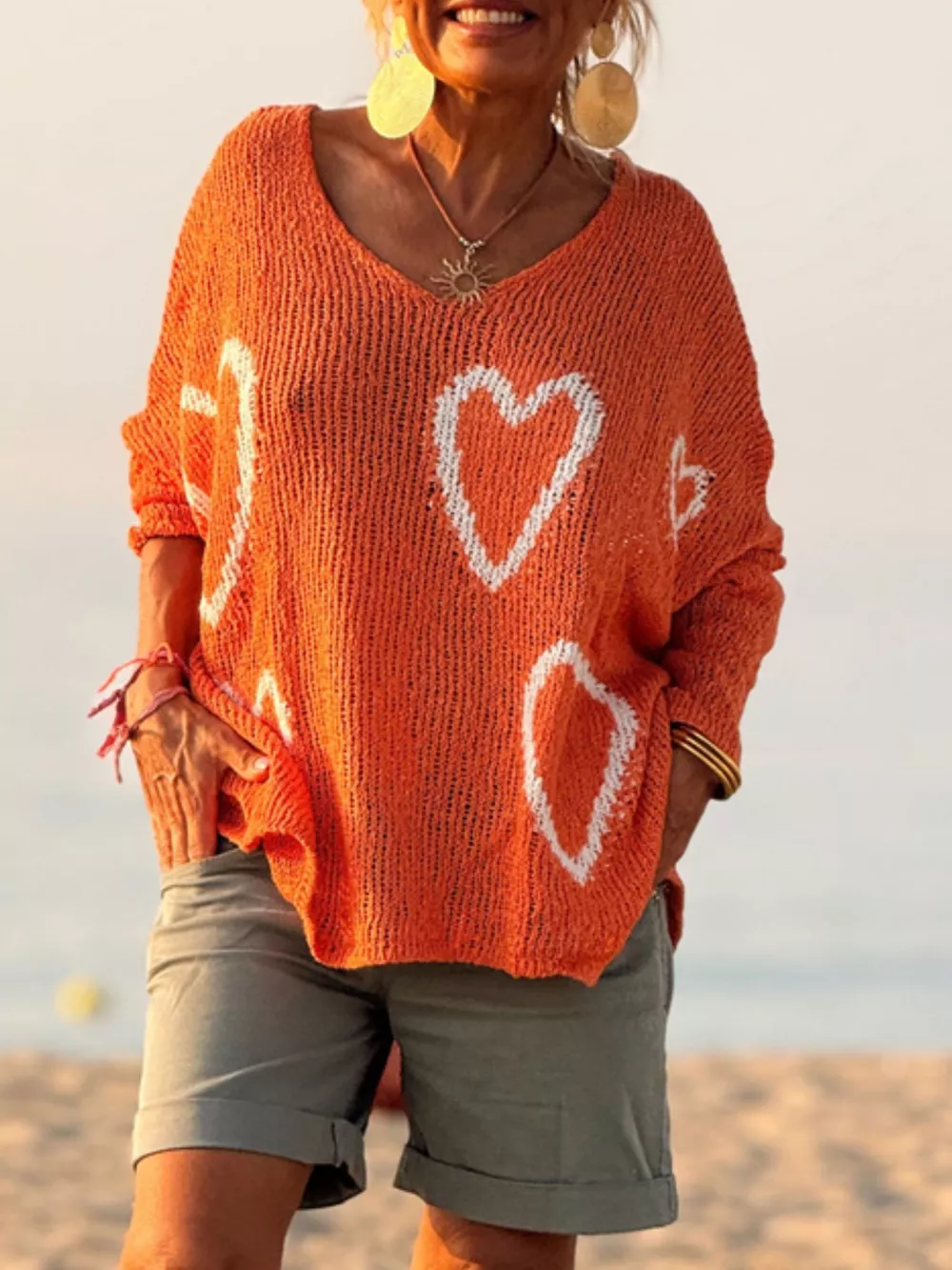 Heart V-Neck Dropped Shoulder Sweater, image 5