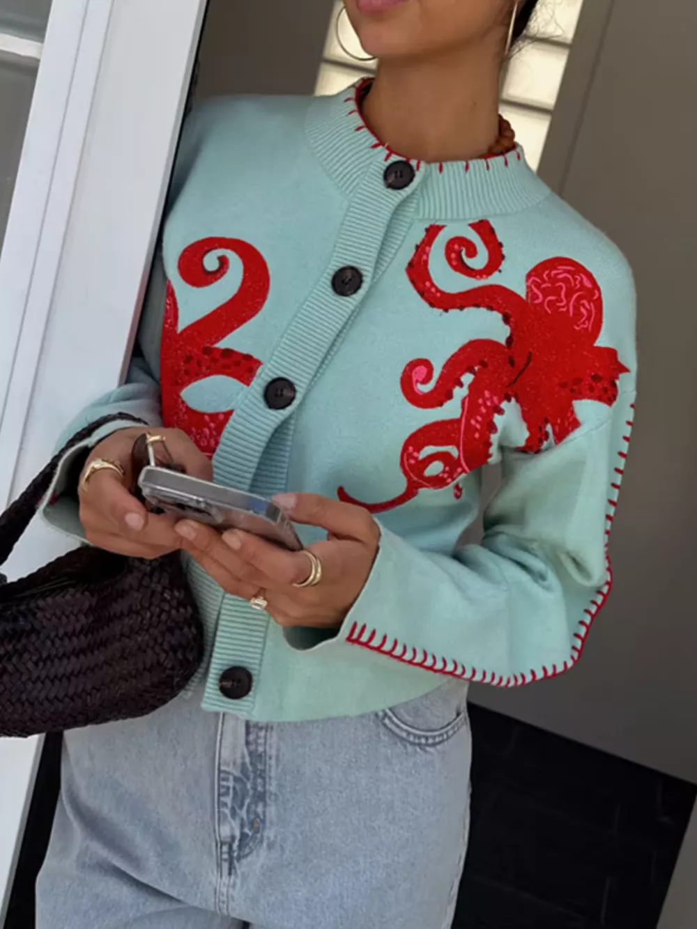 Octopus Button Up Cropped Cardigan, image 2
