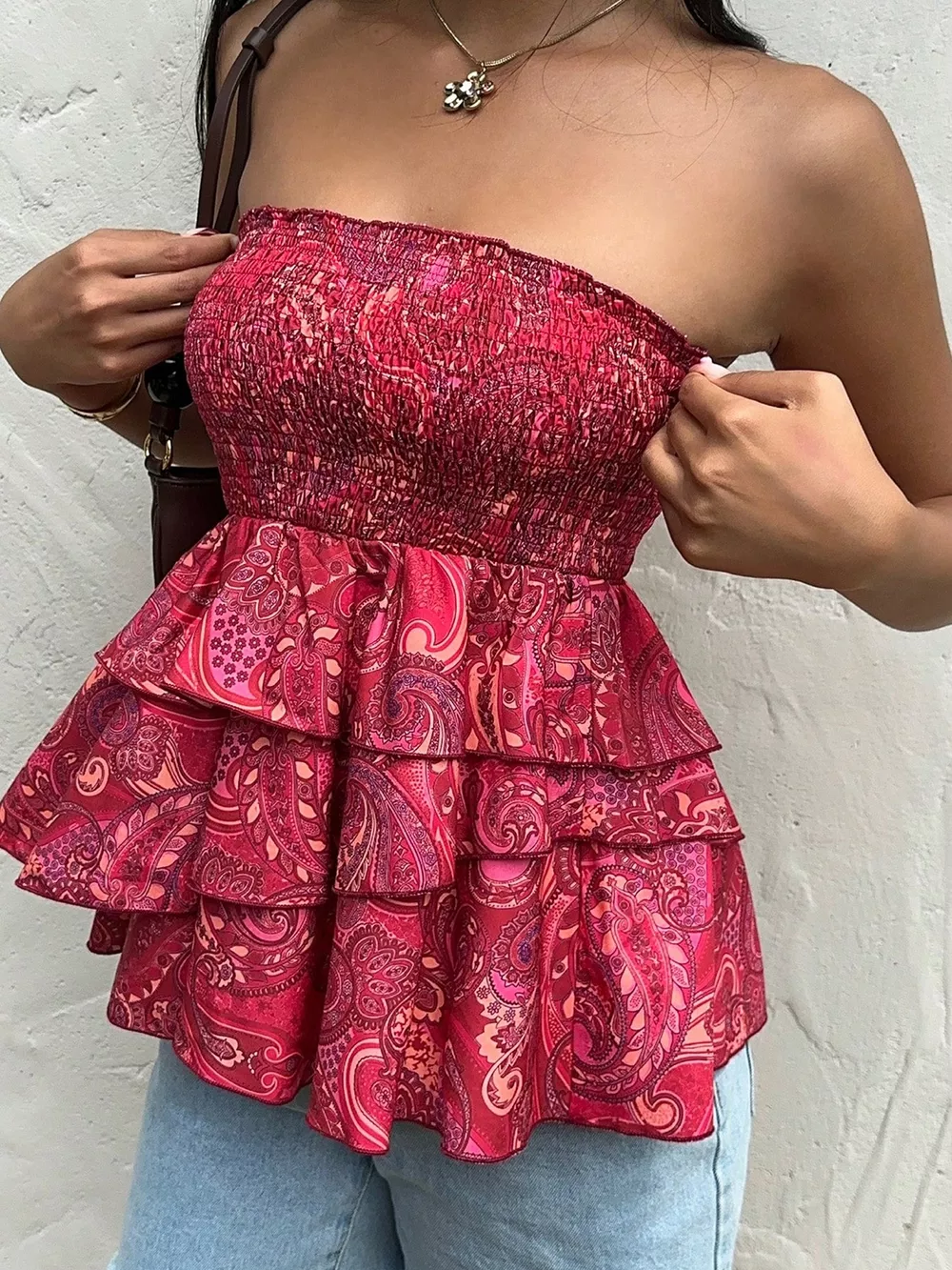 Smocked Layered Paisley Print Tube Top, image 3