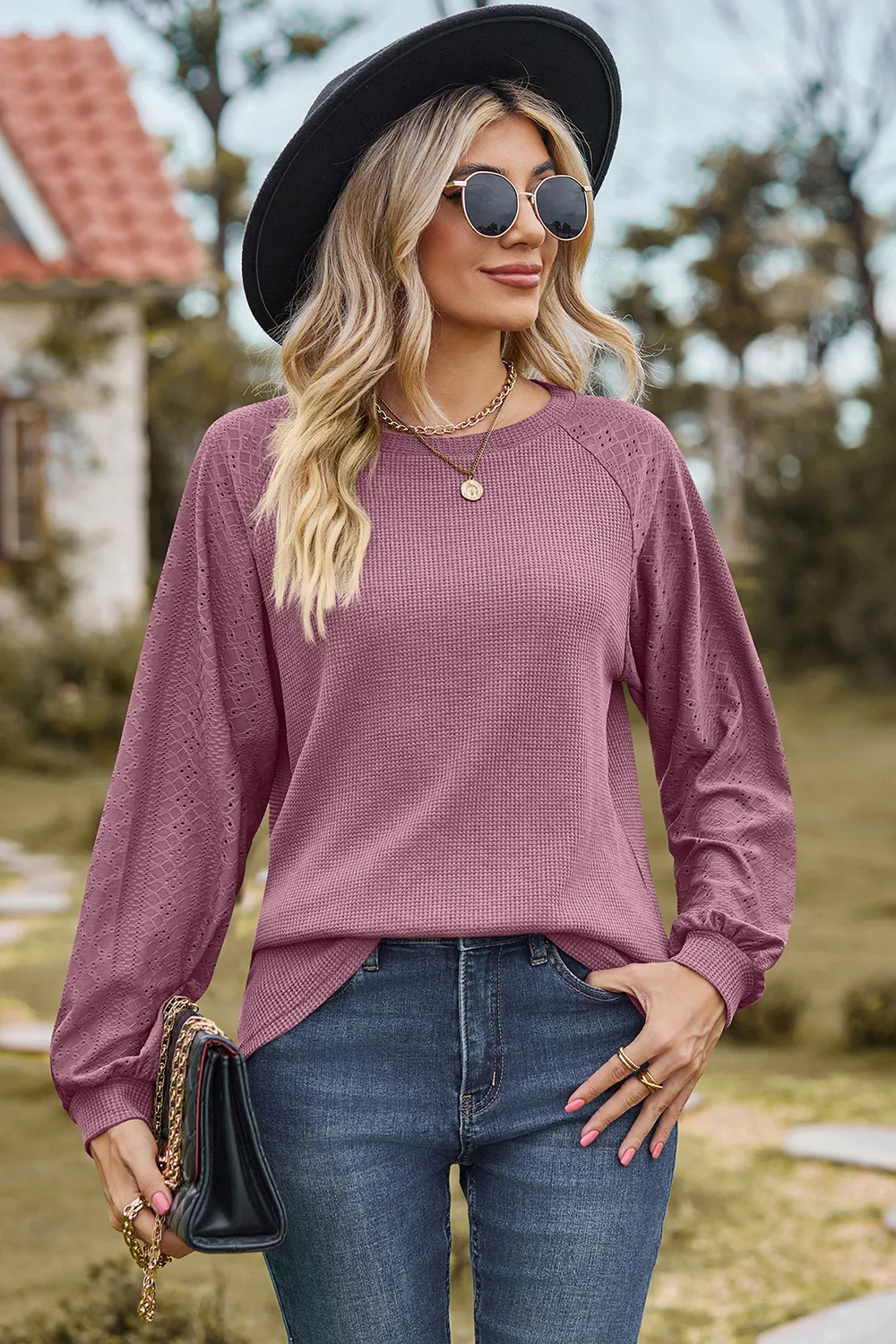 Eyelet Round Neck Long Sleeve T-Shirt, image 16