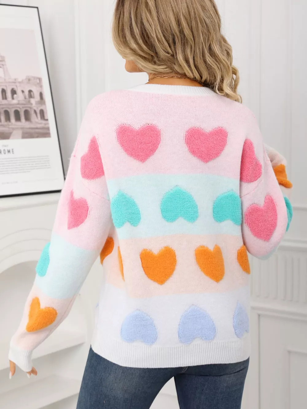 Valentine's Day Heart Pattern Fuzzy Knit Sweater, image 8