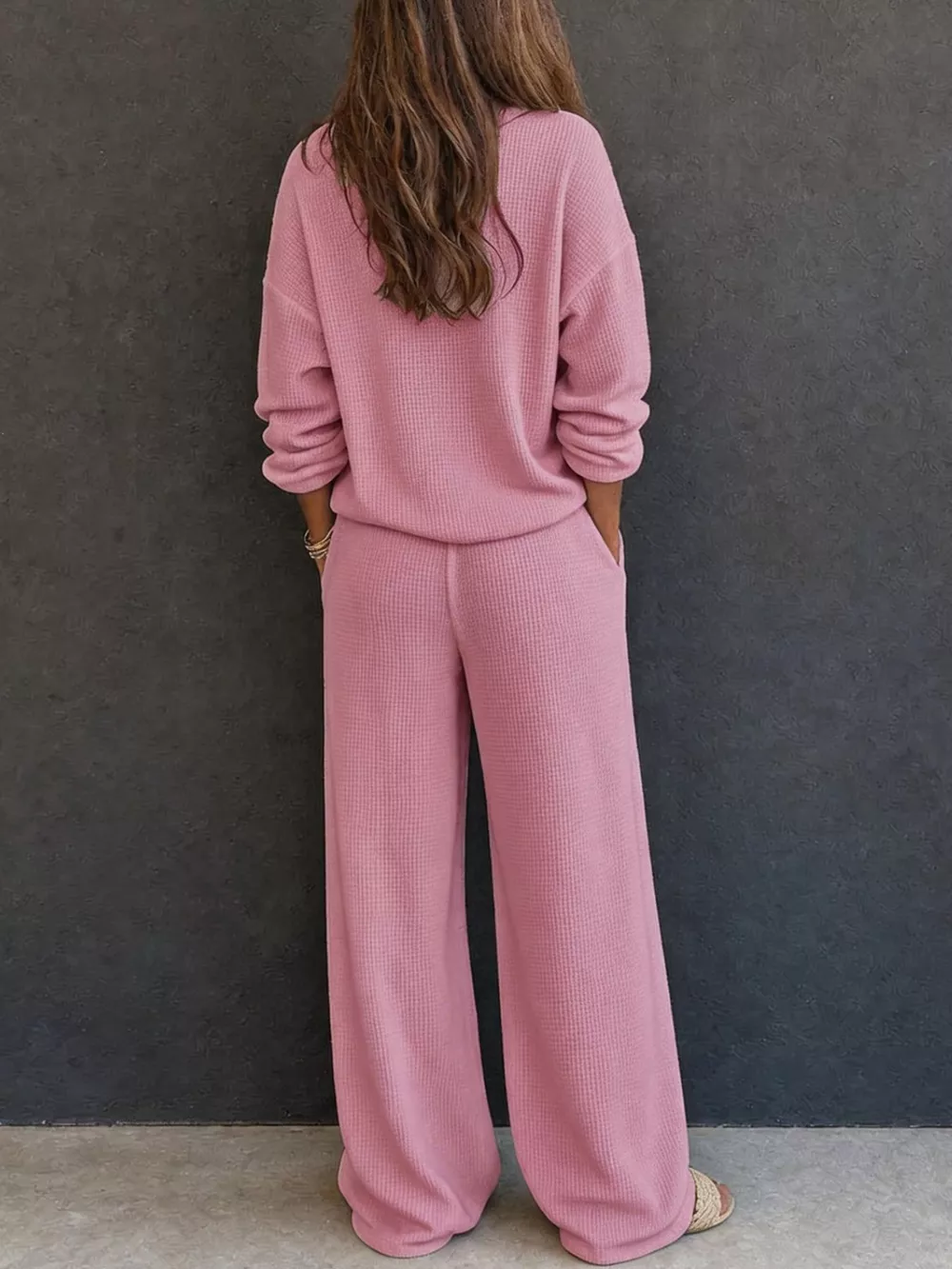 Waffle Knit Henley Top and Wide Leg Pants Set, image 6