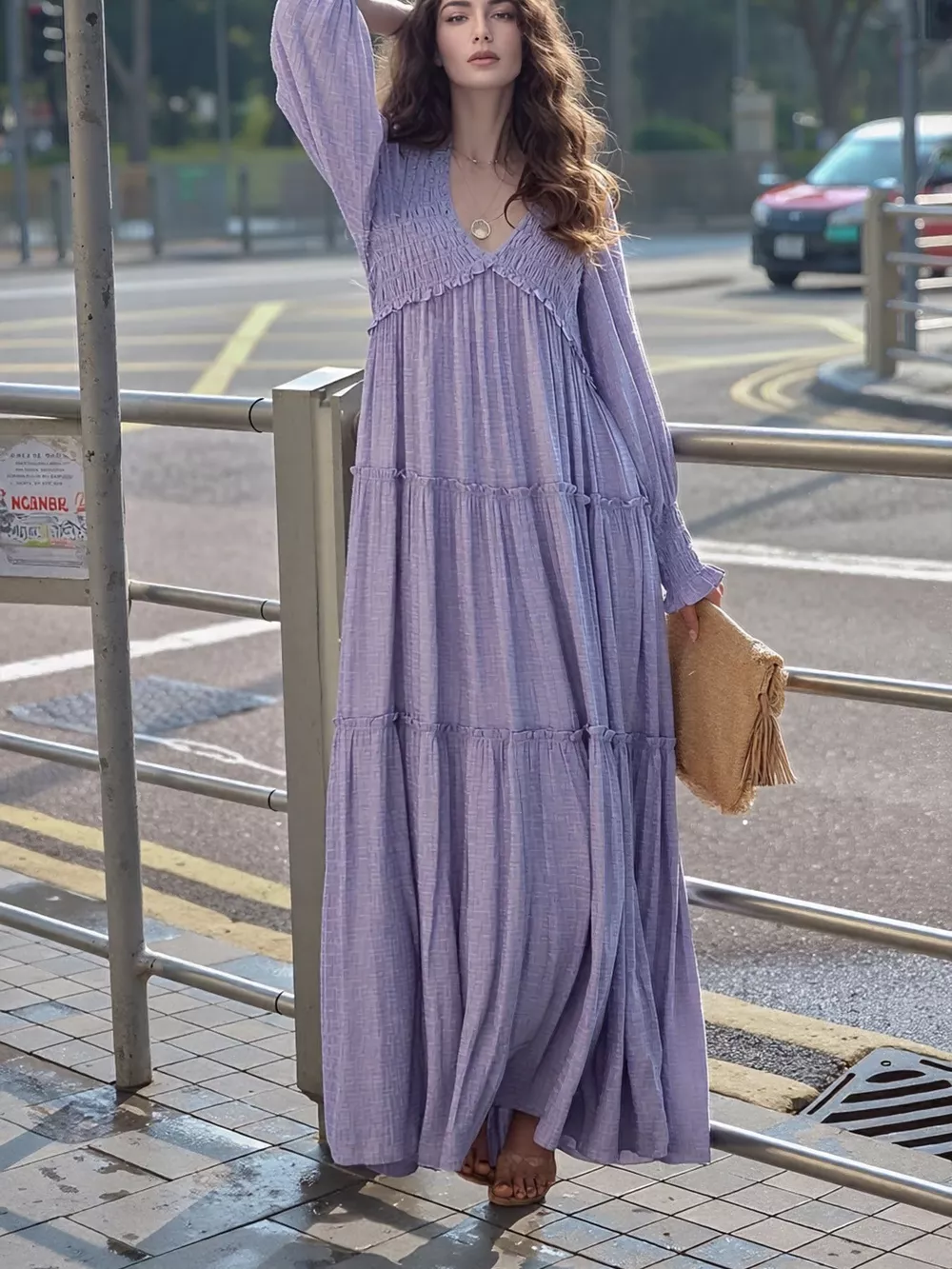 V-Neck Long Sleeve Tiered Maxi Dress, image 2