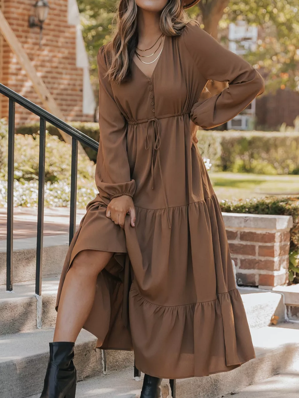 V-Neck Balloon Sleeve Tiered Dress, image 2