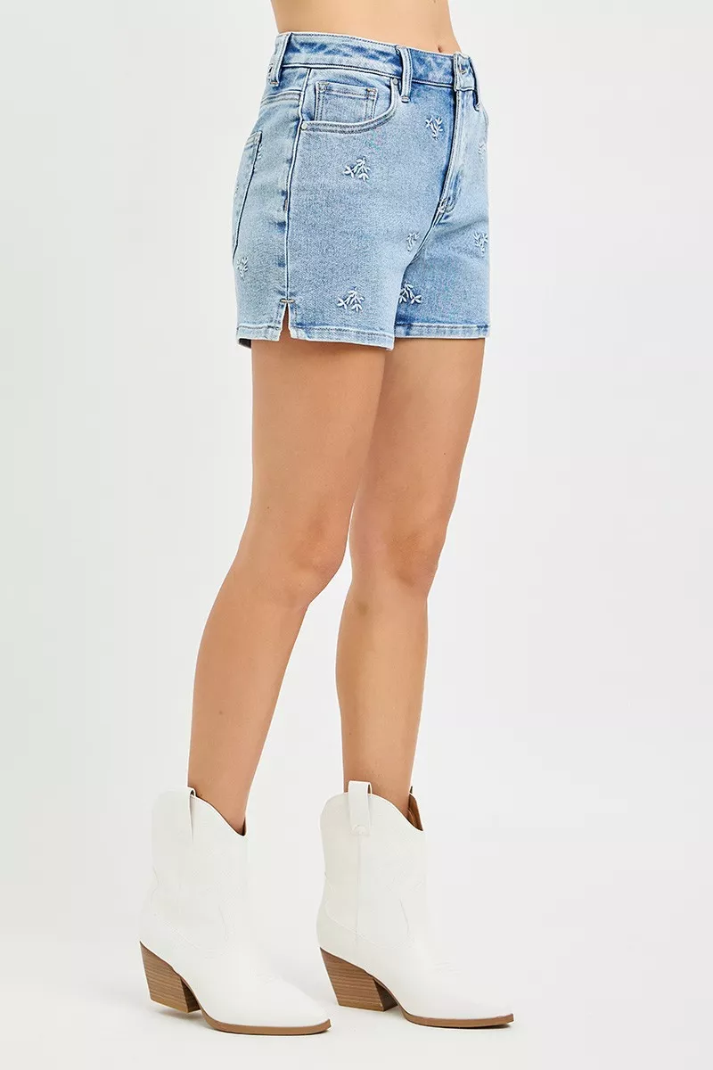High Rise Denim Shorts with Embroidered Detail, image 4