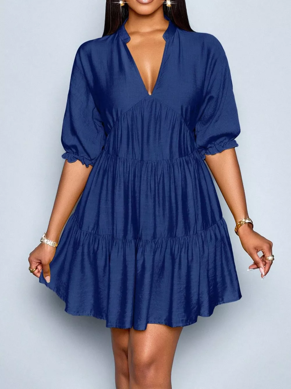 Notched Half Sleeve Tiered Dress, image 3