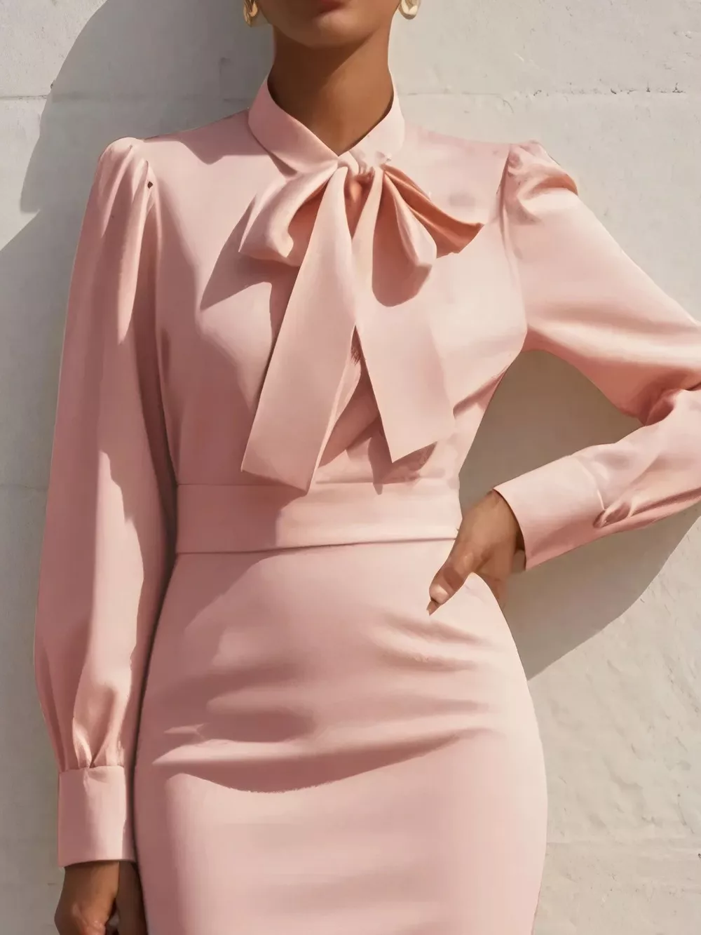 Bow Tie Neck Long Sleeve Bodycon Dress, image 2