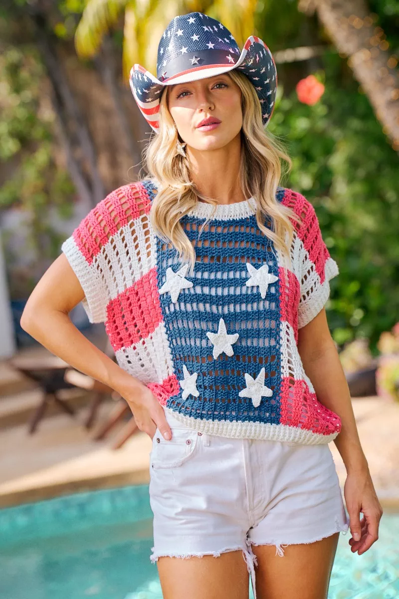 BiBi Crochet Star Patches 4th Of July Sweater Cover Up, image 7