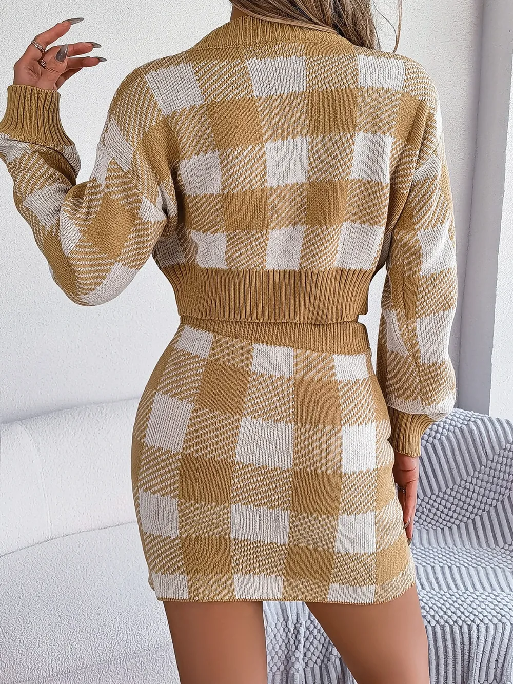 Plaid Round Neck Top and Skirt Sweater Set, image 5