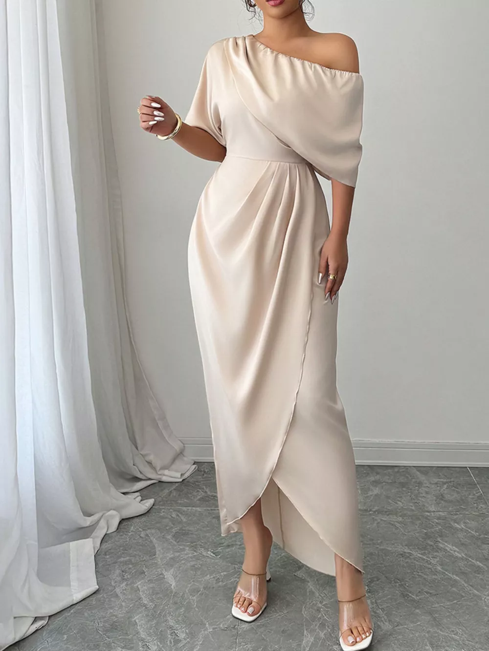 One-Shoulder Satin Maxi Dress, image 4
