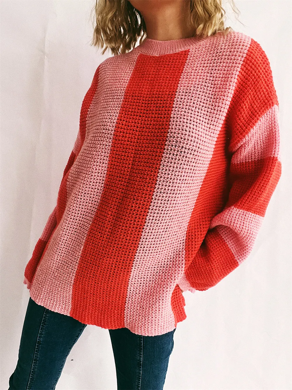 Color Block Round Neck Long Sleeve Sweater, image 7