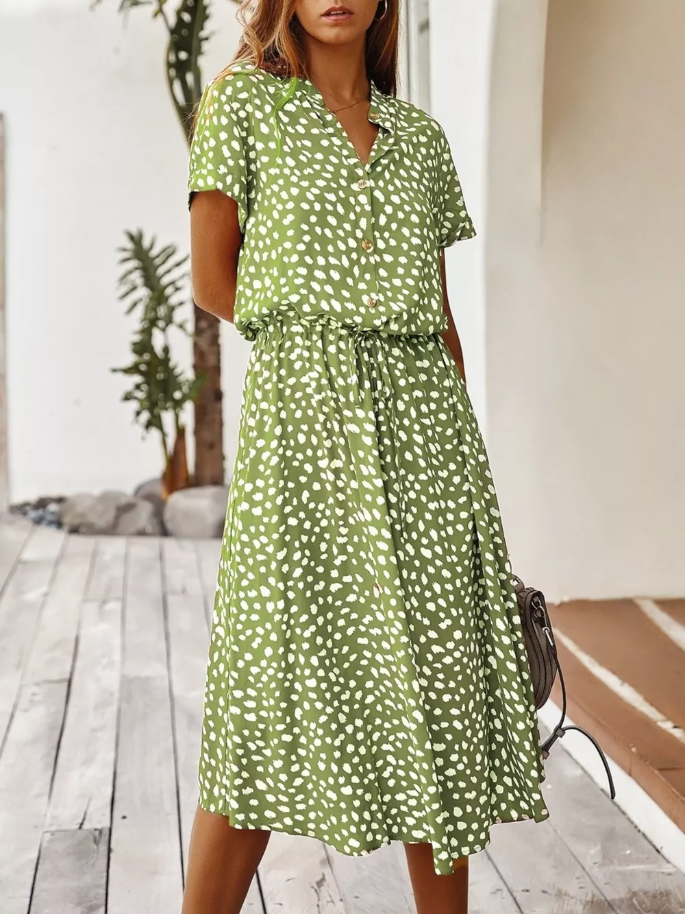 Animal Print Drawstring Waist Midi Dress, image 4