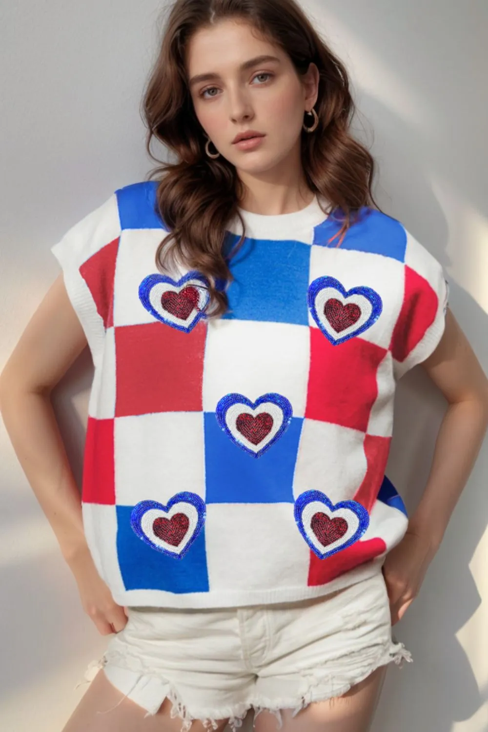 Sequin Heart Color Block Round Neck Knit Top, image 3