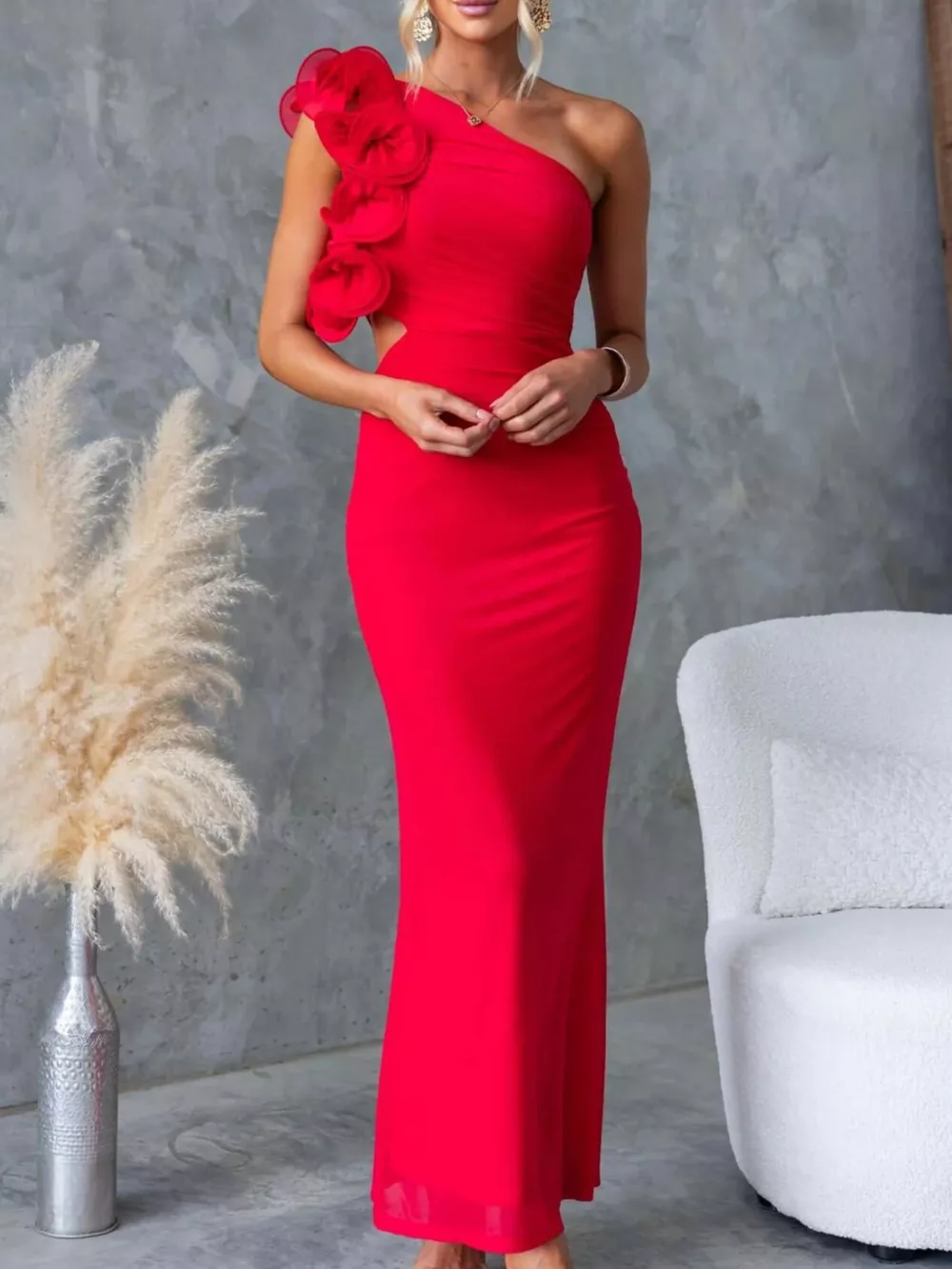 One-Shoulder Floral Trim Sleeveless Maxi Dress, image 10