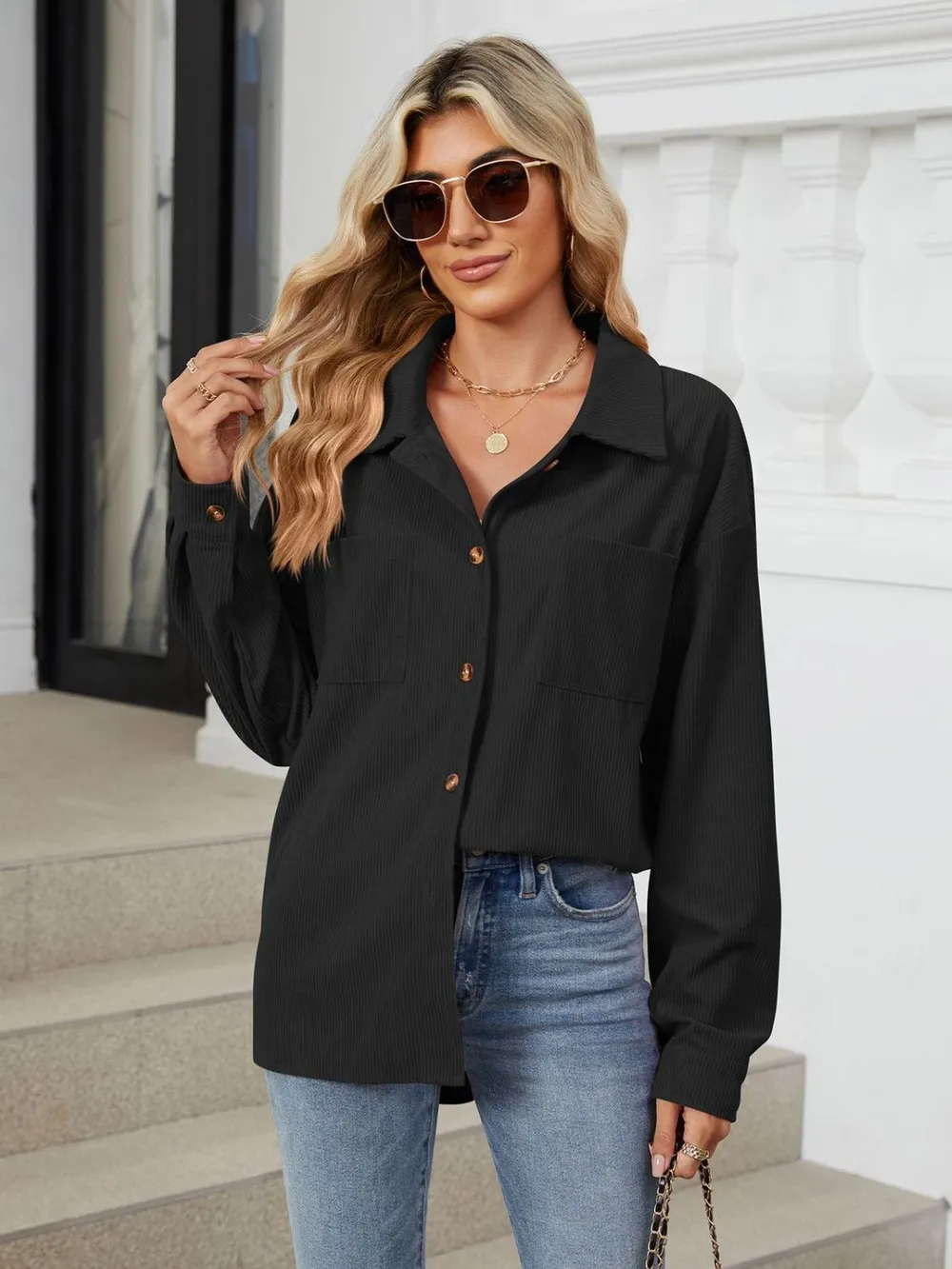 Button Up Long Sleeve Shirt with Breast Pockets, image 32