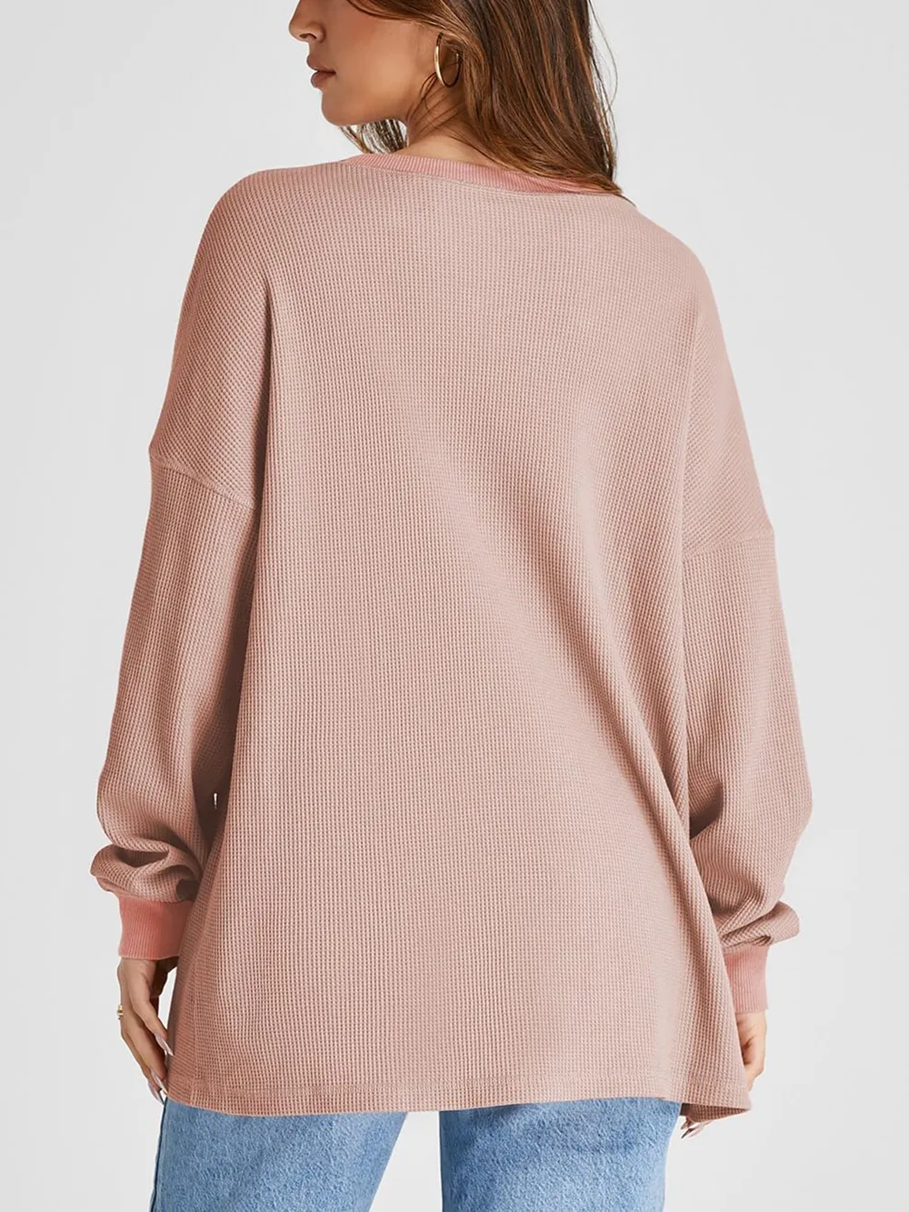 Waffle Knit Round Neck Long Sleeve T-Shirt, image 6