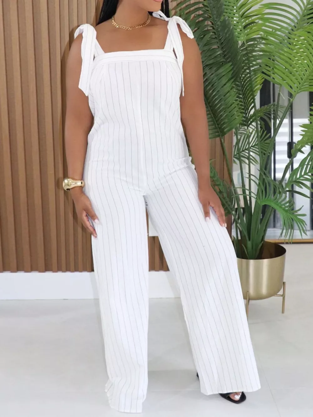Striped Tie-Shoulder Wide Leg Jumpsuit, image 2