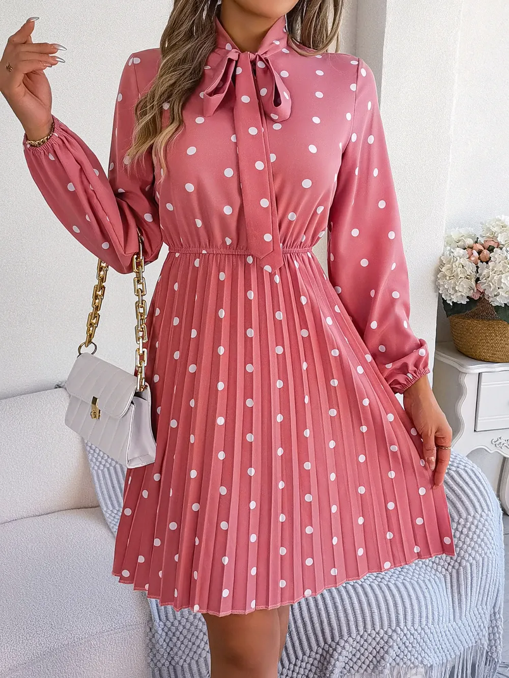 Polka Dot Tie Neck Pleated Dress, image 7