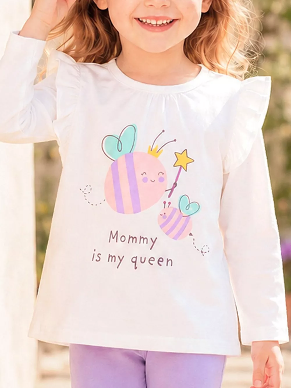Children's Cute Bee Print Long Sleeve T-Shirt with Ruffle Details