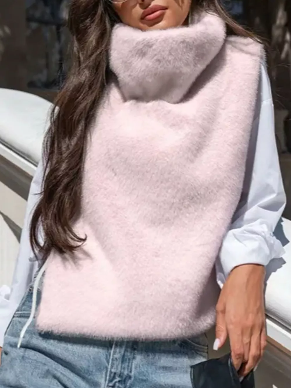 Plush Turtleneck Sleeveless Vest Coat