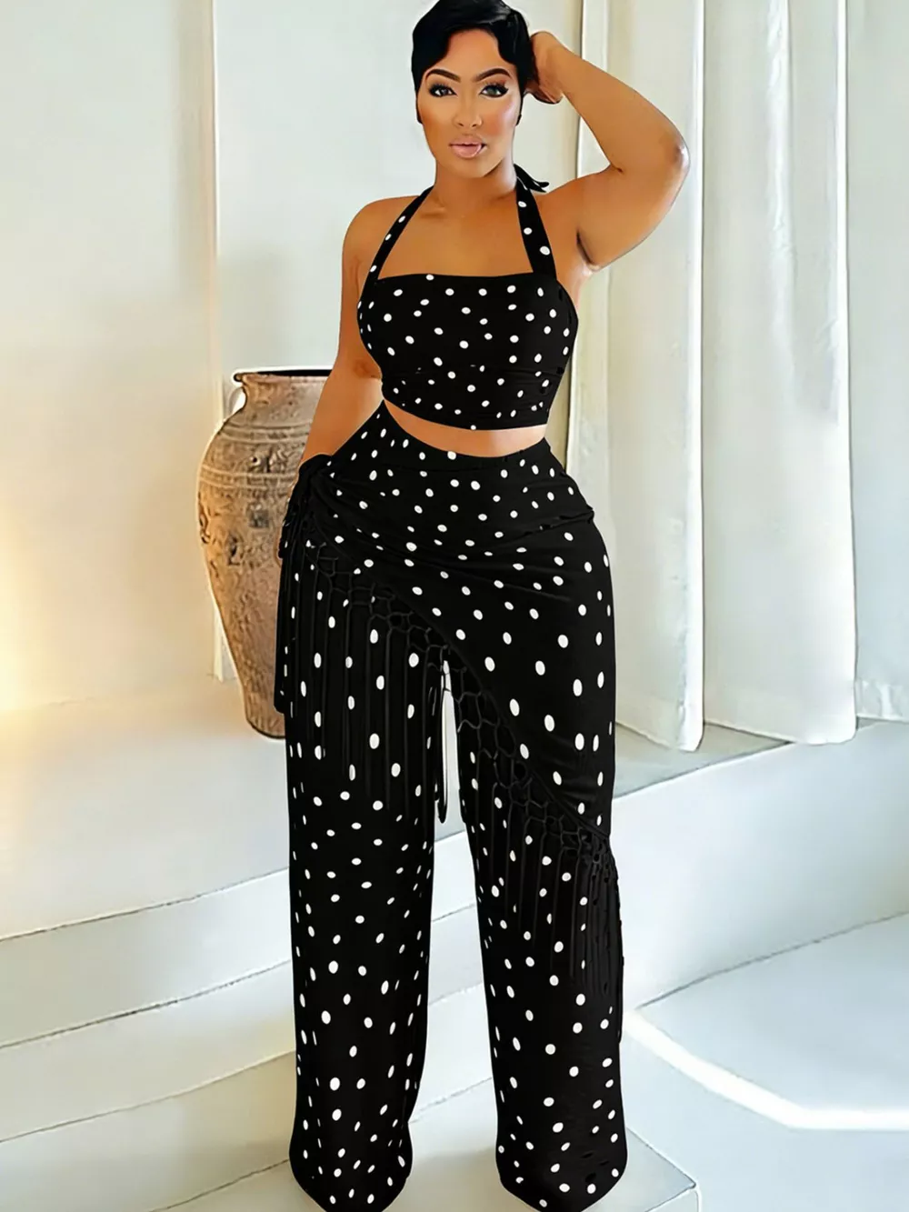 Polka Dot Halter Neck Cami and Fringe Trim Pants Set