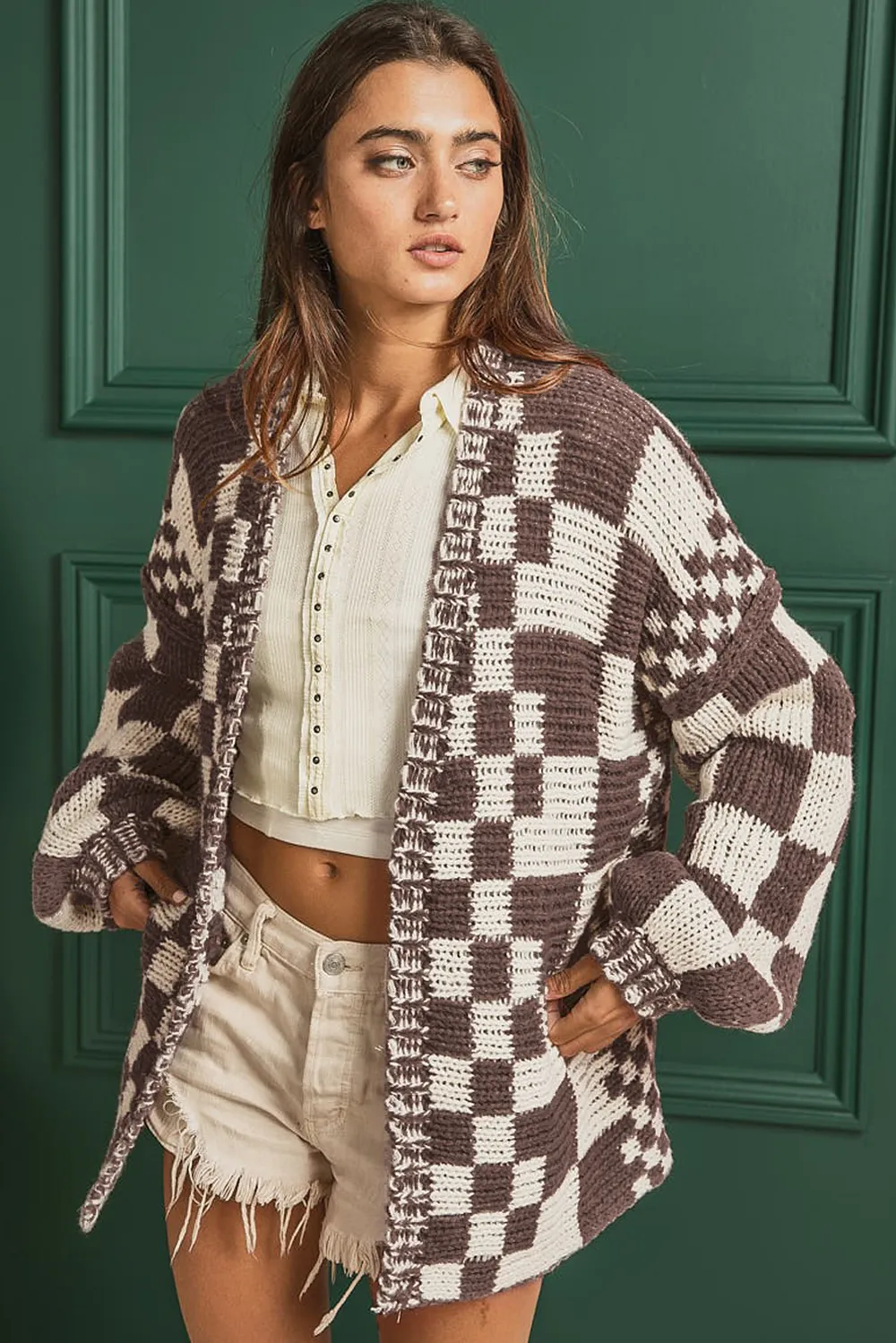 Checkered Open Front Long Sleeve Cardigan, image 2