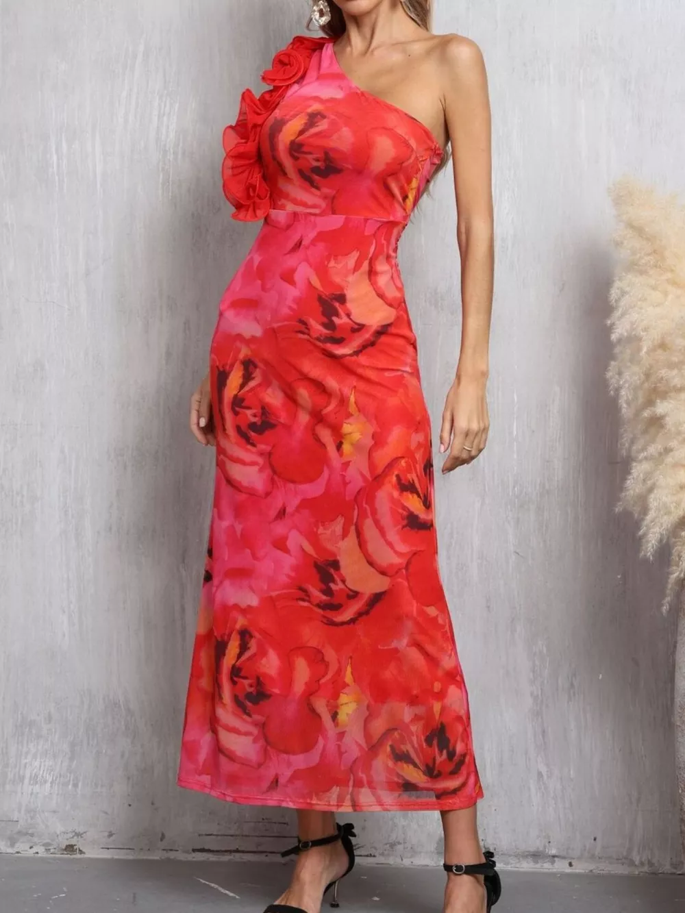 Floral Print One Shoulder Ruffle Trim Dress, image 2