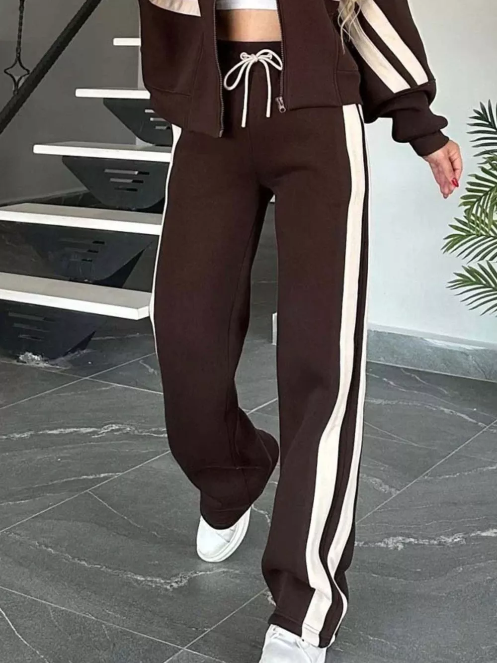 Full Size Contrast Stripe Zip Up Jacket and Pants Set Plus Size, image 2