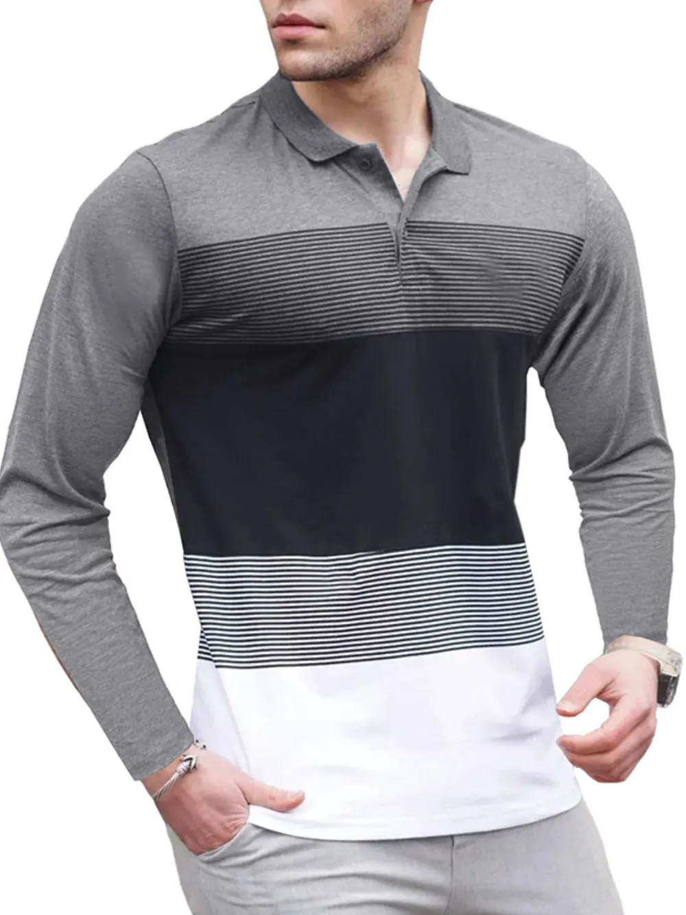 Men's Color Block Striped Long Sleeve Polo Shirt, image 5