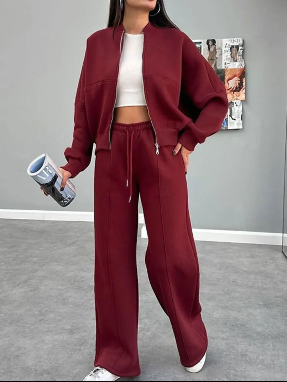 Baseball Collar Zip Up Top and Drawstring Paants Set, image 11