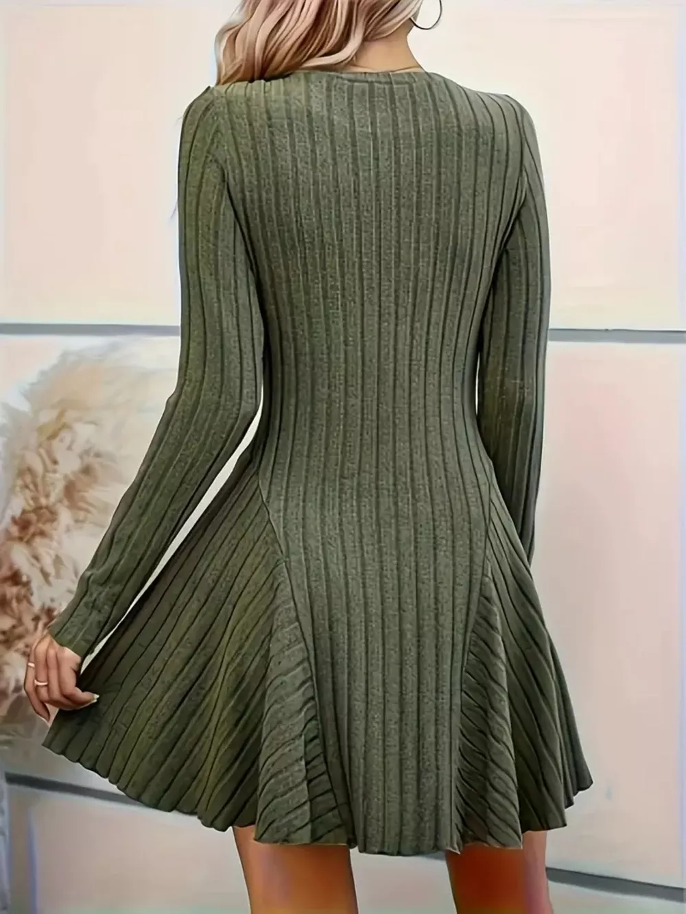 Ribbed Knit Long Sleeve A-Line Dress, image 19