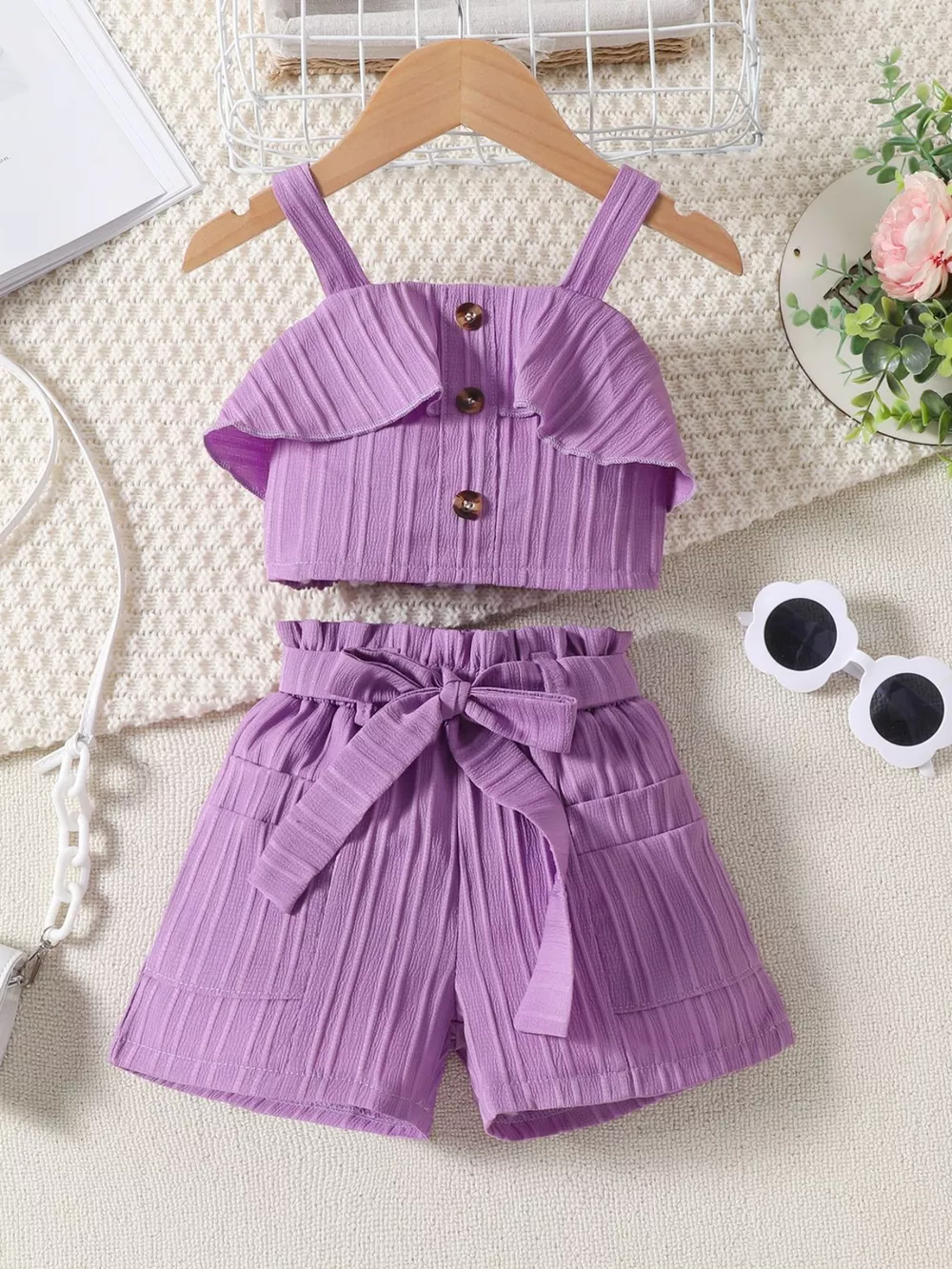 Children's Ribbed Ruffle Trim Top & Shorts Set, image 2