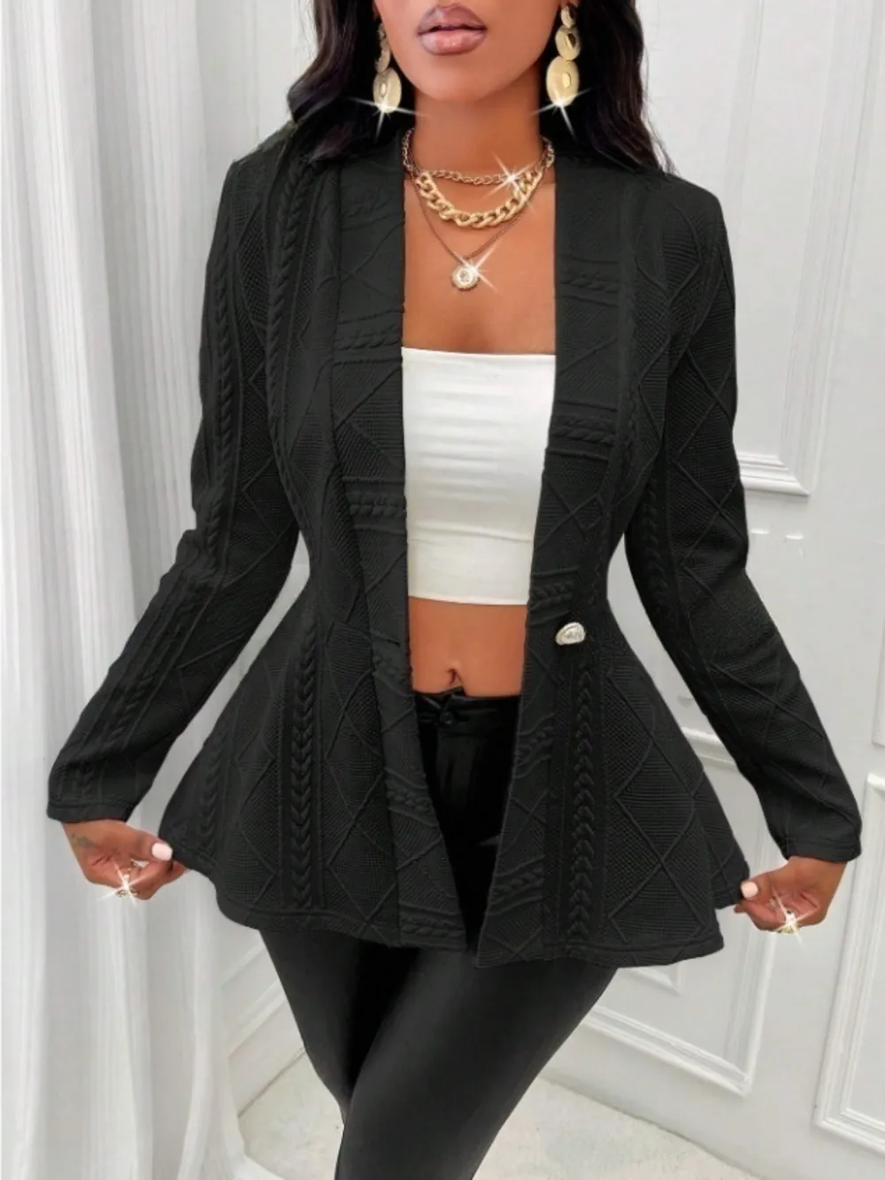 One Button Textured Peplum Cardigan, image 8