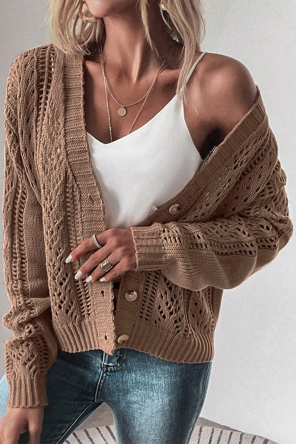 Openwork Button Up Long Sleeve Cardigan, image 3