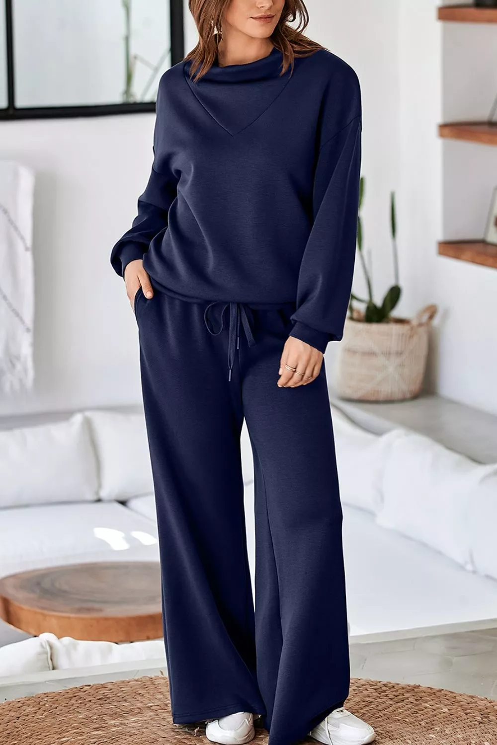 Solid Color Cowl Neck Drawstring Pullover Wide Leg Athleisure Pants Set